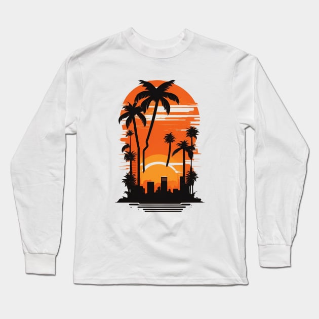 fantasy silhouette sunset palm trees city art Long Sleeve T-Shirt by deepofficial